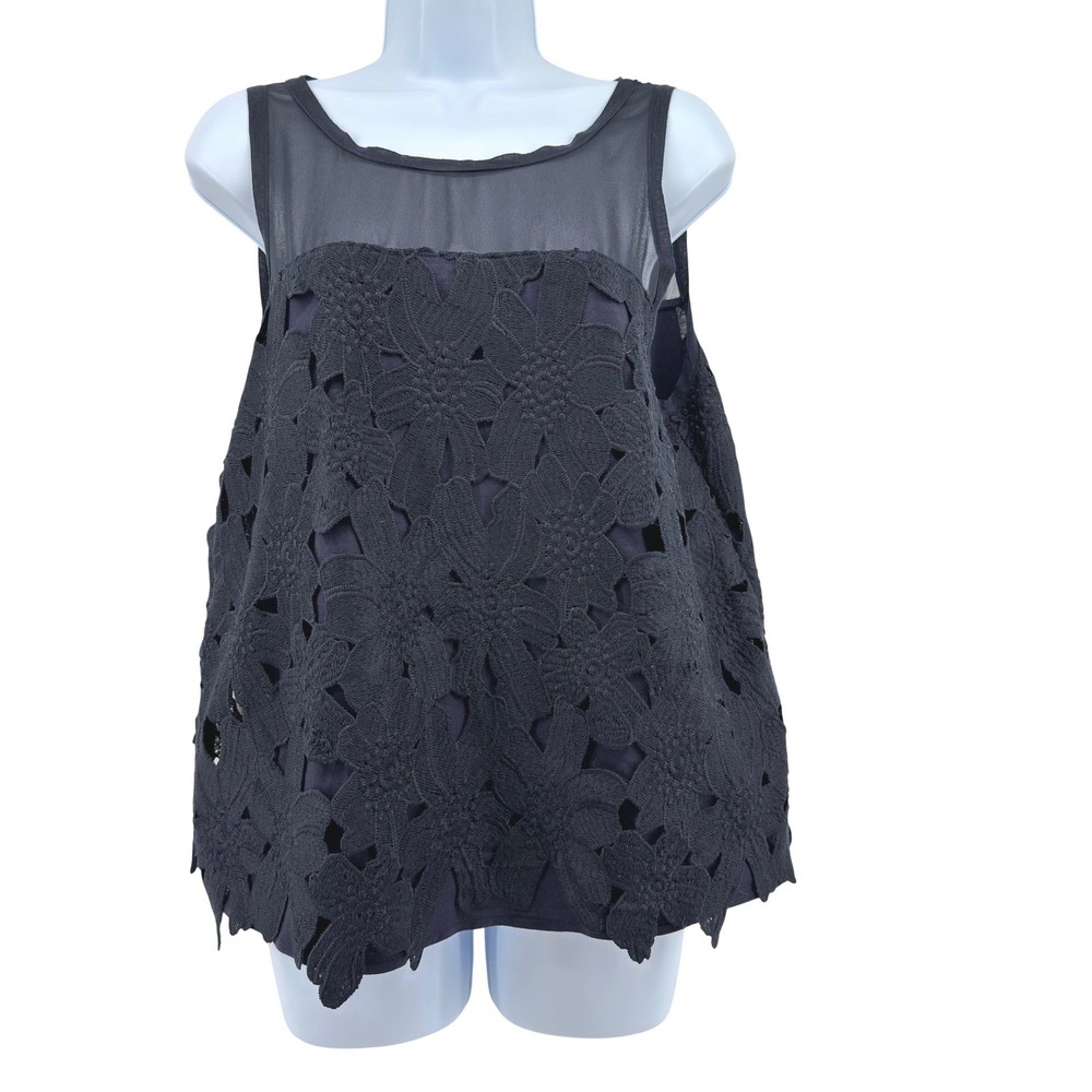 Ann Taylor Lace Overlay‎ Tank Top Womens M Navy Sheer Cottage Boho Chic Romantic